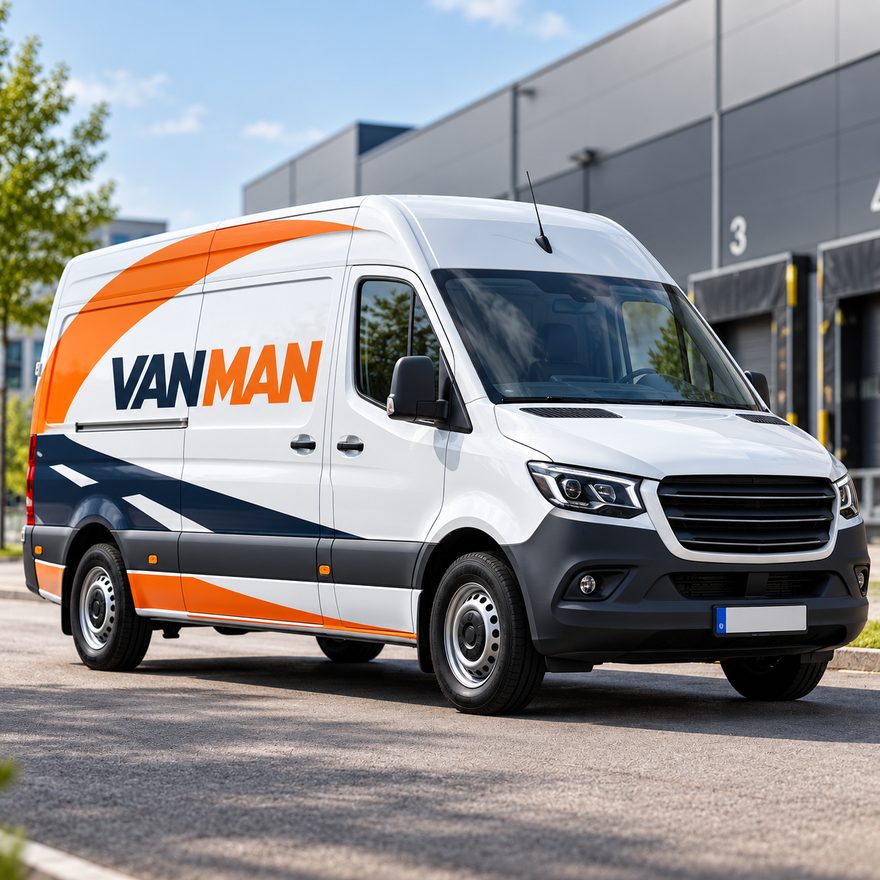 Фургон VanMan з фірмовим брендуванням біля складу у Львові